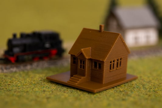 Z Scale 3D Printed Mini Cabin, paint-ready in brown, 1:220 scale model for train layout
