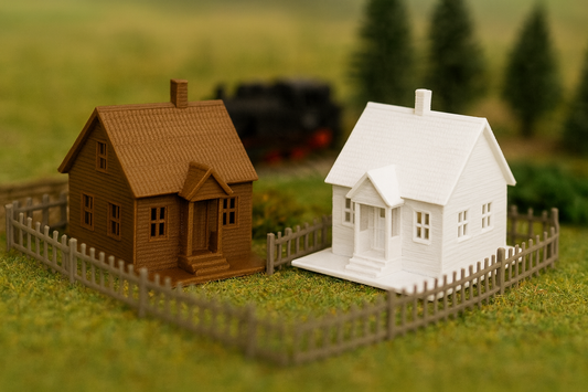 Z Scale 3D Printed Mini Cabin, paint-ready in brown, 1:220 scale model for train layout
